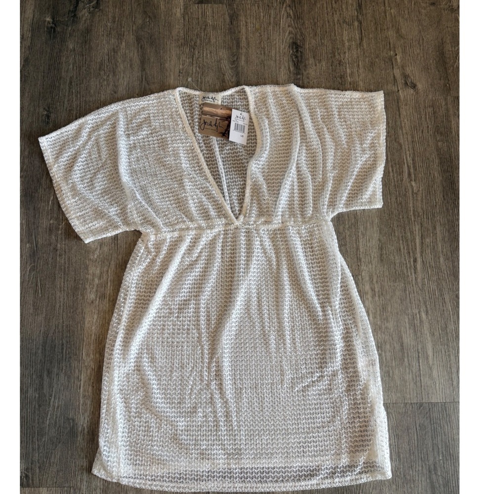 Jordan Taylor swim suit cover up women large White Crochet Knit V-Neck short NWT